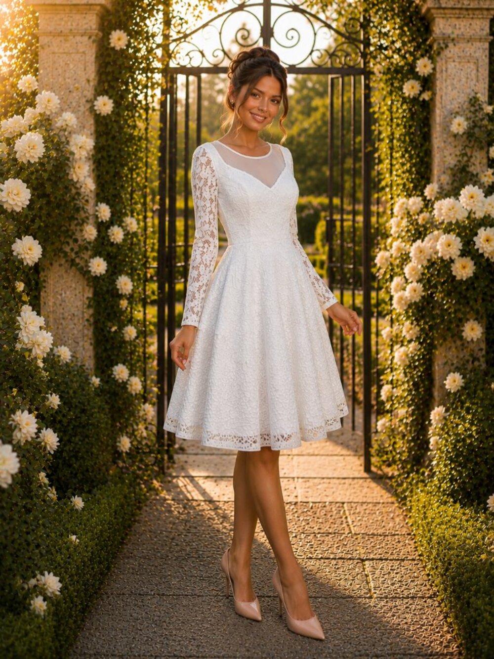 White Lace Midi Dress Long Sleeve Elegant Bridal Shower Civil Wedding Graduation